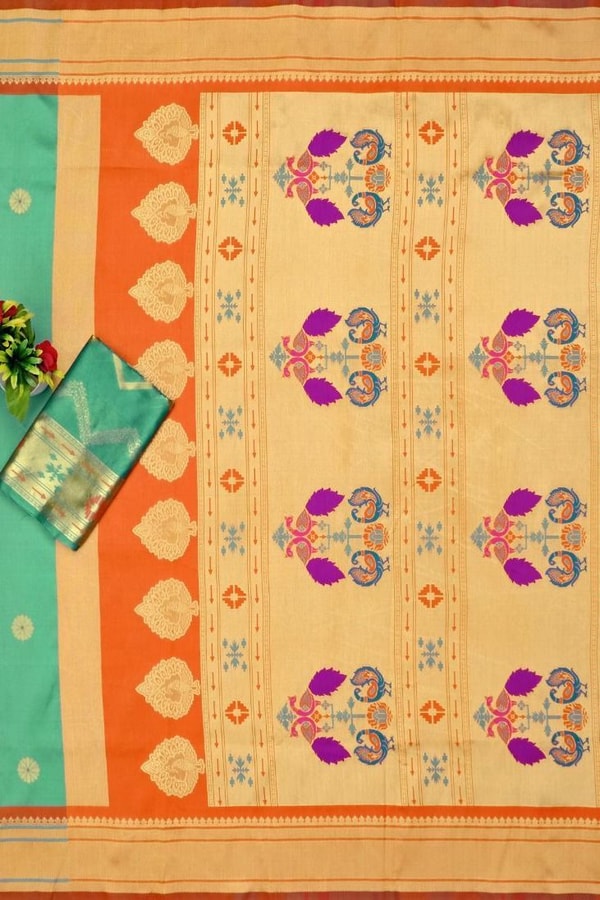 Sea Green Soft Lichi Silk Saree with Orange Border and Meenakari Peacock Paithani-Style Pallu  in Surat