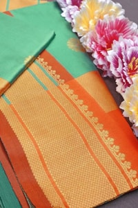 Sea Green Soft Lichi Silk Saree with Orange Border and Meenakari Peacock Paithani-Style Pallu  in Surat