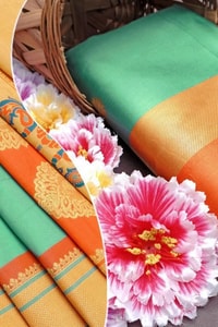 Sea Green Soft Lichi Silk Saree with Orange Border and Meenakari Peacock Paithani-Style Pallu  in Surat