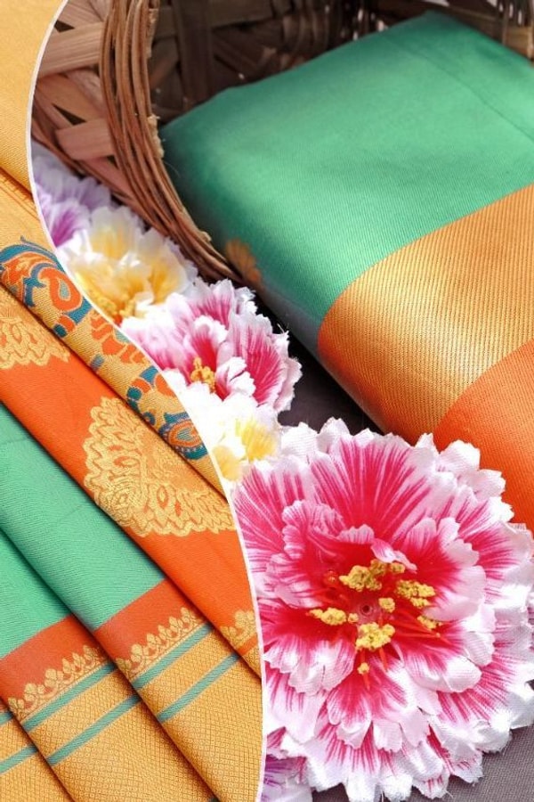Sea Green Soft Lichi Silk Saree with Orange Border and Meenakari Peacock Paithani-Style Pallu  in Surat
