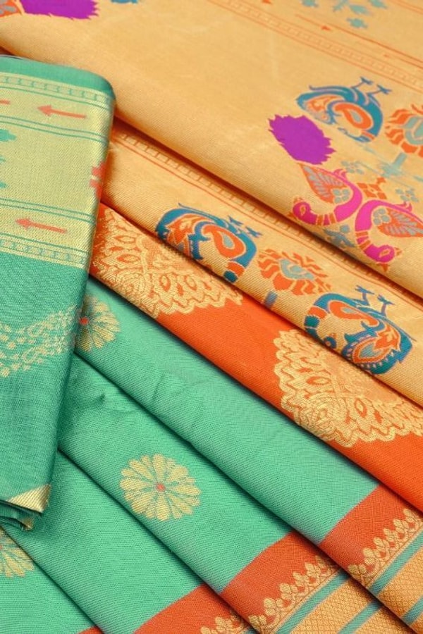 Sea Green Soft Lichi Silk Saree with Orange Border and Meenakari Peacock Paithani-Style Pallu  in Surat