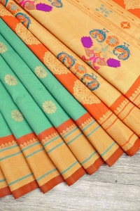 Sea Green Soft Lichi Silk Saree with Orange Border and Meenakari Peacock Paithani-Style Pallu  in Surat