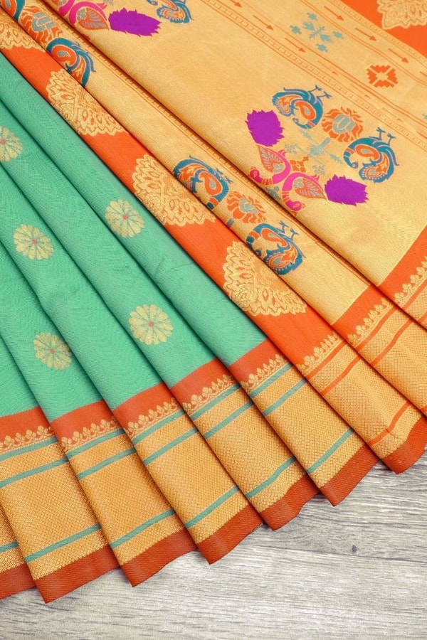 Sea Green Soft Lichi Silk Saree with Orange Border and Meenakari Peacock Paithani-Style Pallu  in Surat