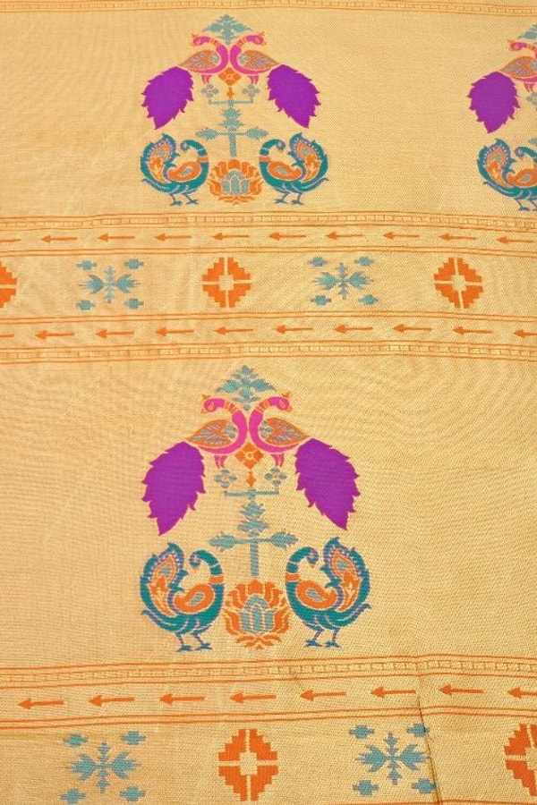 Sea Green Soft Lichi Silk Saree with Orange Border and Meenakari Peacock Paithani-Style Pallu  in Surat