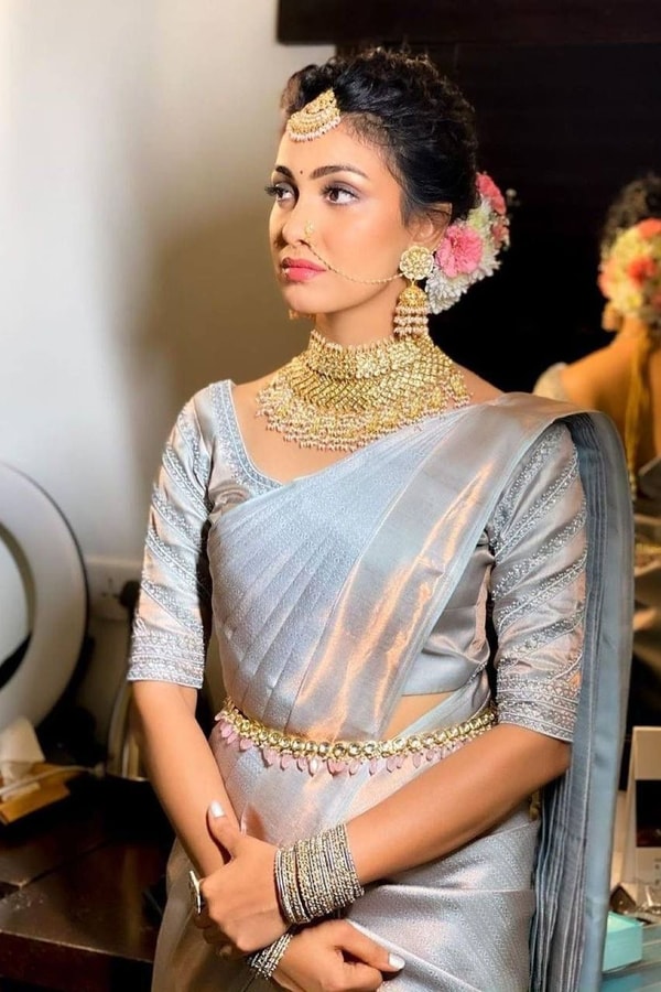 Silver Grey Banarasi Soft Silk Saree with Subtle Zari Weave for Engagements and Weddings  in Surat