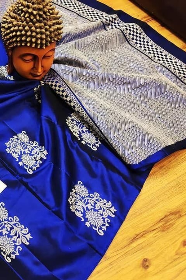 Silver Zari Block Butta Banarasi Soft Silk Saree with Chequered Zari Border in Six Deep Shades  in Surat