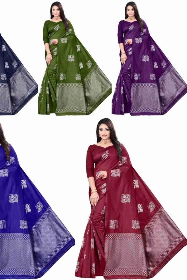 Silver Zari Block Butta Banarasi Soft Silk Saree with Chequered Zari Border in Six Deep Shades  in Surat