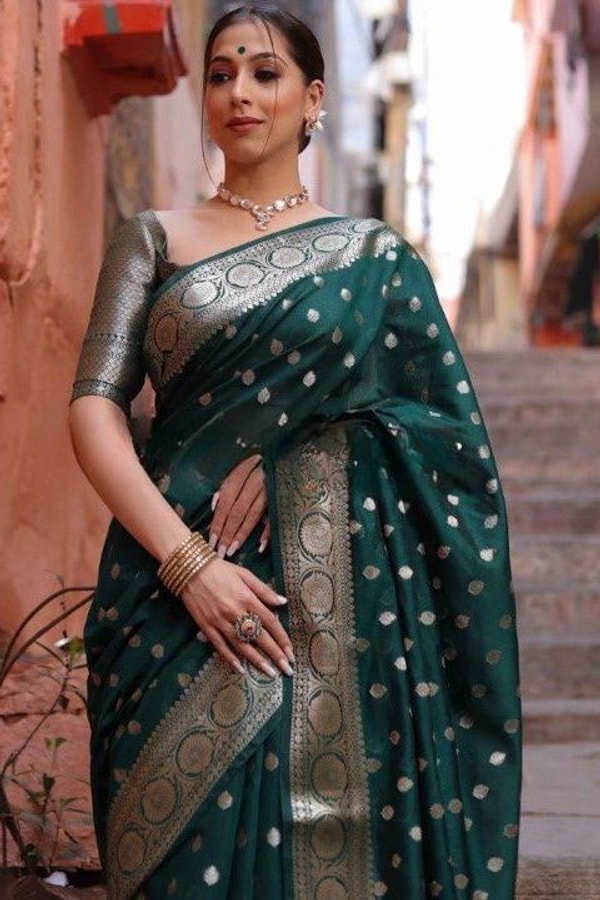 Silver Zari Butti Banarasi Soft Silk Saree with Jacquard Border in Five Jewel Tones  in Surat