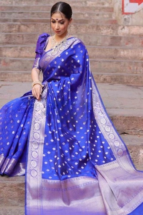 Silver Zari Butti Banarasi Soft Silk Saree with Jacquard Border in Five Jewel Tones  in Surat