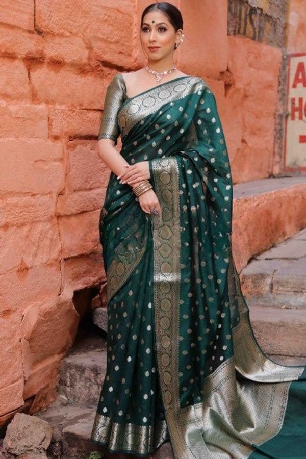 Silver Zari Butti Banarasi Soft Silk Saree with Jacquard Border in Five Jewel Tones  in Surat