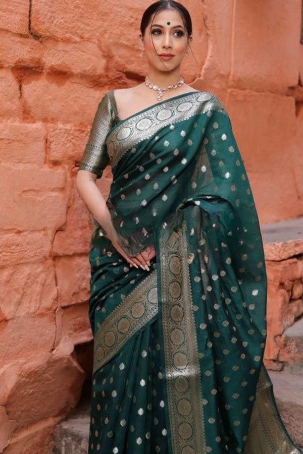 Silver Zari Butti Banarasi Soft Silk Saree with Jacquard Border in Five Jewel Tones  in Surat