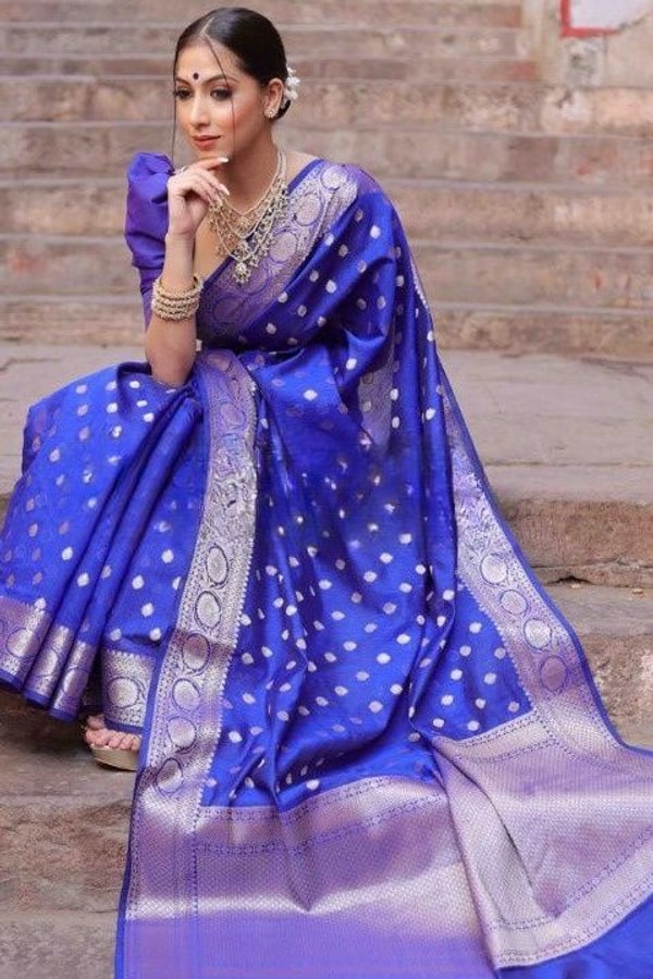 Silver Zari Butti Banarasi Soft Silk Saree with Jacquard Border in Five Jewel Tones  in Surat
