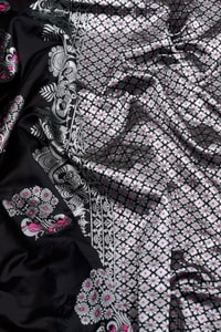 Silver Zari Peacock Soft Lichi Silk Saree with Square Pattern Pallu in Black, Navy and Purple  in Surat