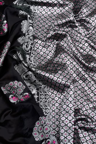 Silver Zari Peacock Soft Lichi Silk Saree with Square Pattern Pallu in Black, Navy and Purple in Surat