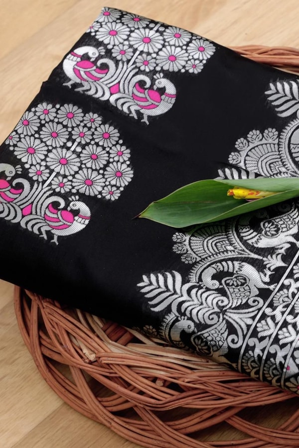 Silver Zari Peacock Soft Lichi Silk Saree with Square Pattern Pallu in Black, Navy and Purple  in Surat