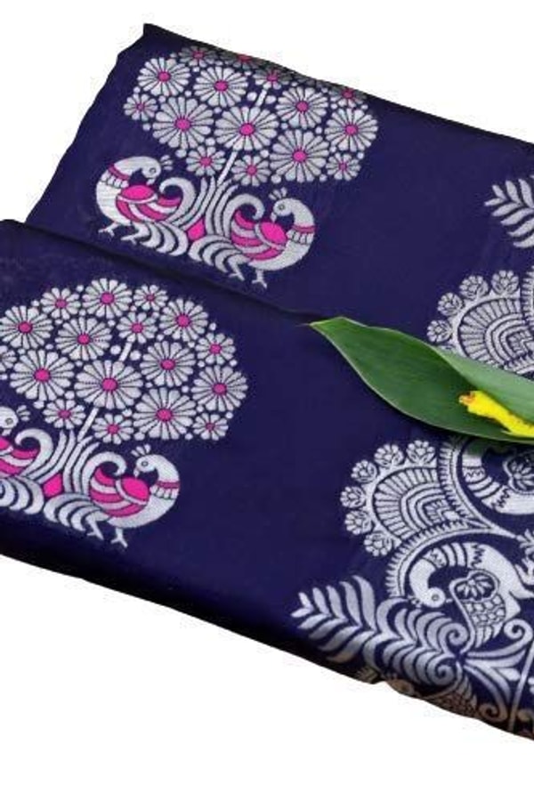 Silver Zari Peacock Soft Lichi Silk Saree with Square Pattern Pallu in Black, Navy and Purple  in Surat
