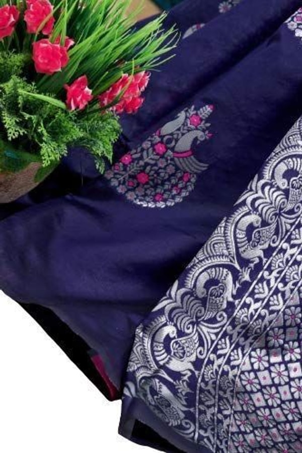 Silver Zari Peacock Soft Lichi Silk Saree with Square Pattern Pallu in Black, Navy and Purple  in Surat