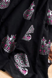 Silver Zari Peacock Soft Lichi Silk Saree with Square Pattern Pallu in Black, Navy and Purple  in Surat