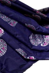 Silver Zari Peacock Soft Lichi Silk Saree with Square Pattern Pallu in Black, Navy and Purple  in Surat