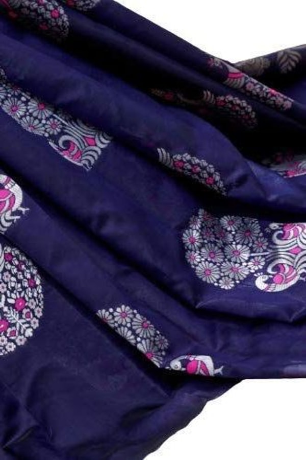 Silver Zari Peacock Soft Lichi Silk Saree with Square Pattern Pallu in Black, Navy and Purple  in Surat