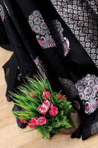 Silver Zari Peacock Soft Lichi Silk Saree with Square Pattern Pallu in Black, Navy and Purple  in Surat