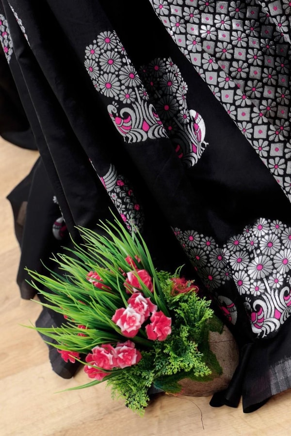 Silver Zari Peacock Soft Lichi Silk Saree with Square Pattern Pallu in Black, Navy and Purple  in Surat