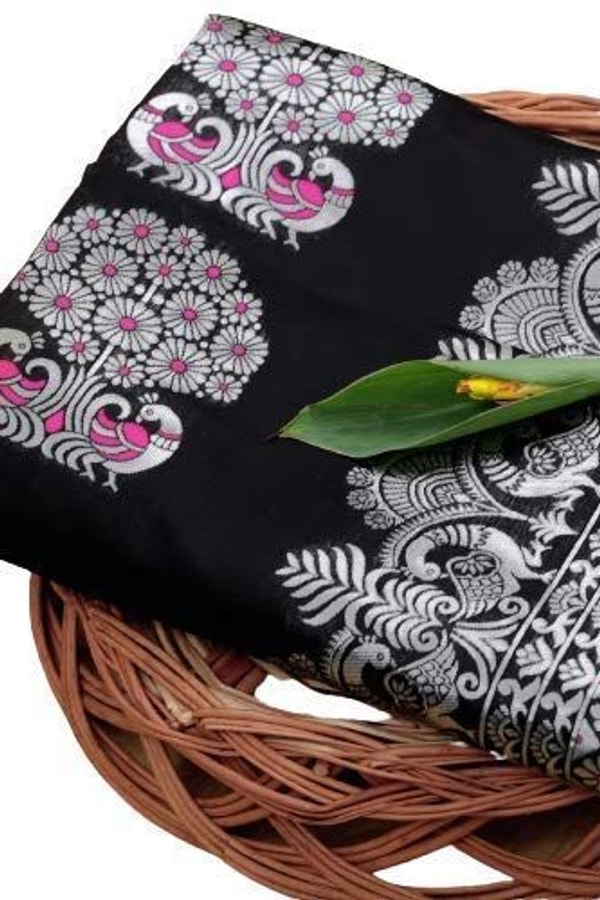 Silver Zari Peacock Soft Lichi Silk Saree with Square Pattern Pallu in Black, Navy and Purple  in Surat