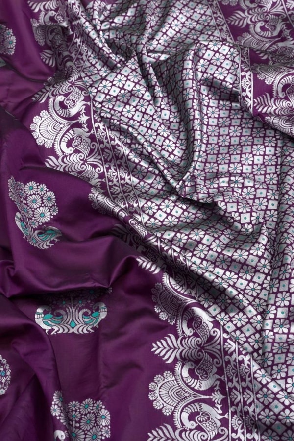 Silver Zari Peacock Soft Lichi Silk Saree with Square Pattern Pallu in Black, Navy and Purple  in Surat