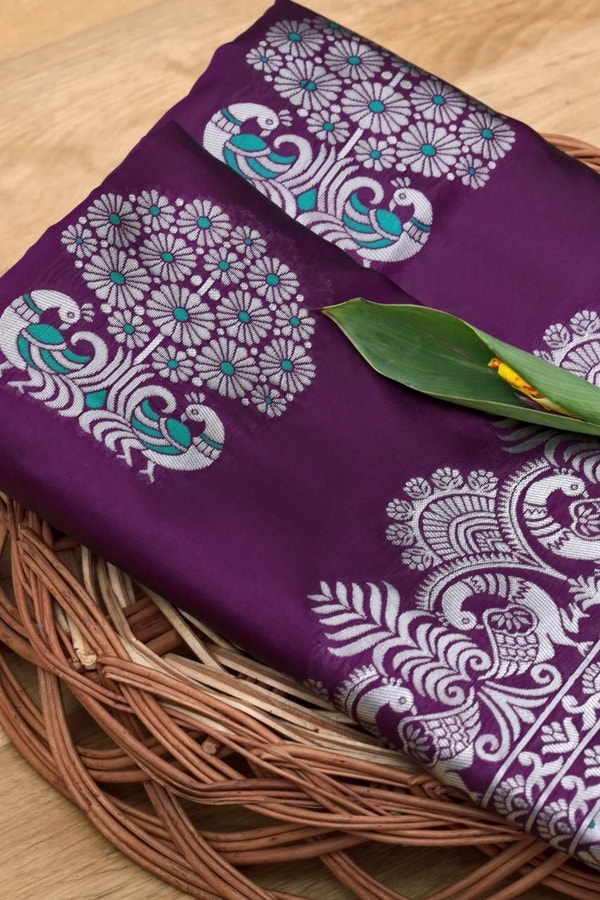 Silver Zari Peacock Soft Lichi Silk Saree with Square Pattern Pallu in Black, Navy and Purple  in Surat