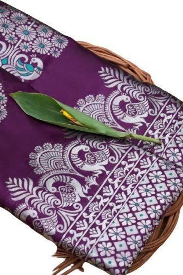 Silver Zari Peacock Soft Lichi Silk Saree with Square Pattern Pallu in Black, Navy and Purple  in Surat