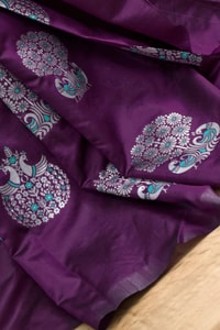 Silver Zari Peacock Soft Lichi Silk Saree with Square Pattern Pallu in Black, Navy and Purple  in Surat