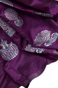 Silver Zari Peacock Soft Lichi Silk Saree with Square Pattern Pallu in Black, Navy and Purple  in Surat