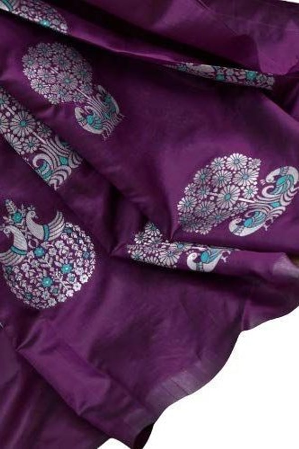 Silver Zari Peacock Soft Lichi Silk Saree with Square Pattern Pallu in Black, Navy and Purple  in Surat