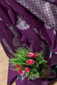 Silver Zari Peacock Soft Lichi Silk Saree with Square Pattern Pallu in Black, Navy and Purple  in Surat
