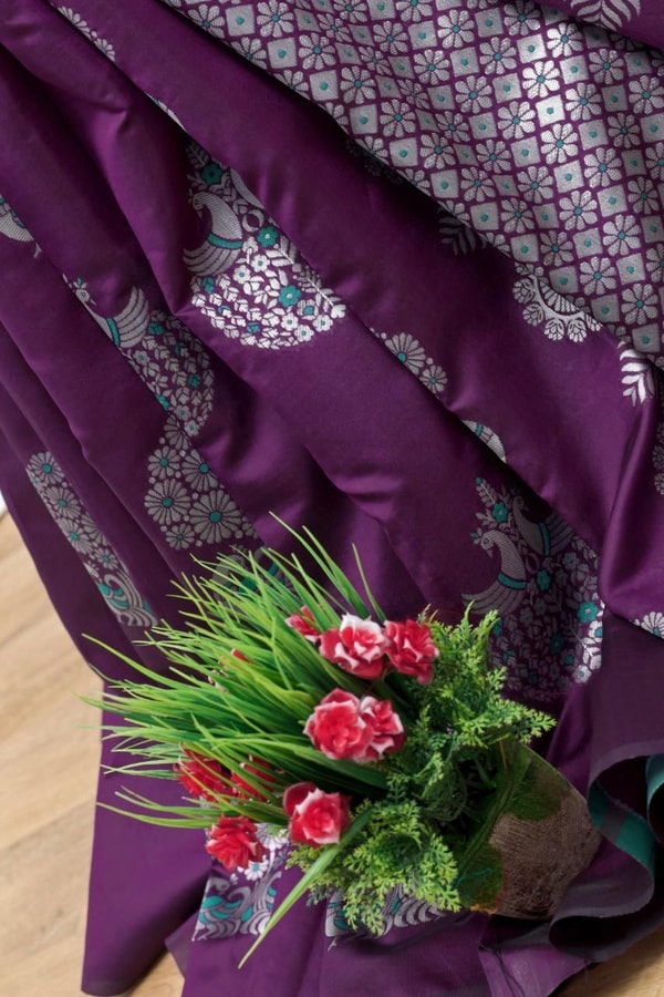 Silver Zari Peacock Soft Lichi Silk Saree with Square Pattern Pallu in Black, Navy and Purple  in Surat