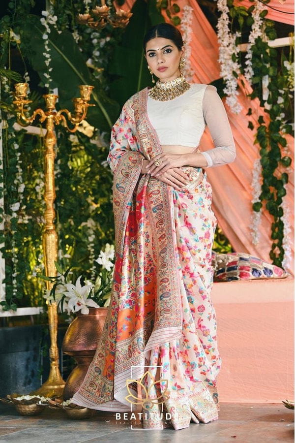 Six-Shade Kashmiri Weave Banarasi Soft Silk Saree with Large Floral Bunches and Rich Zari Pallu  in Surat