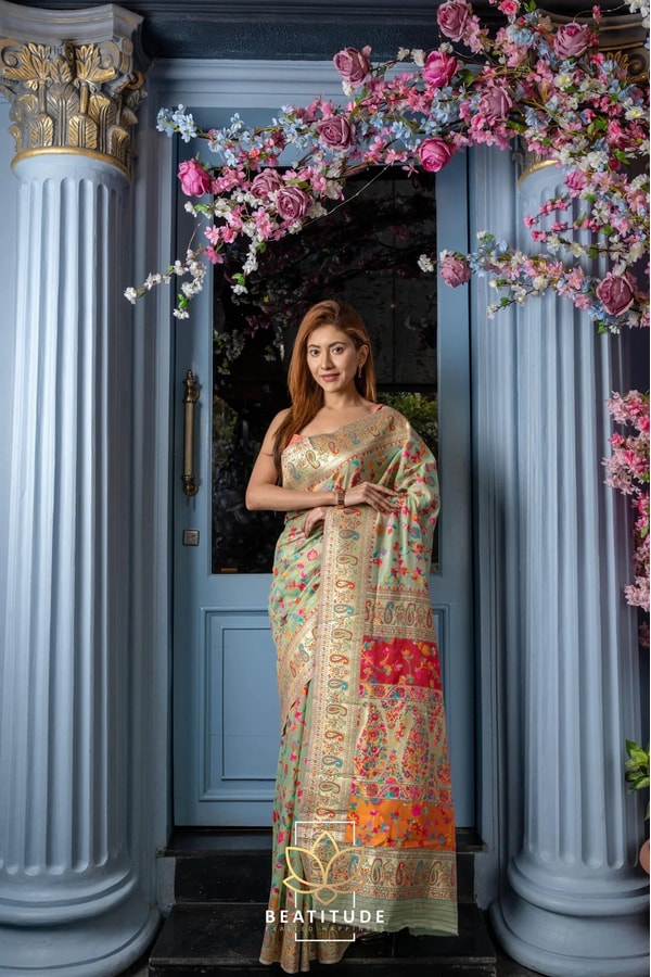 Six-Shade Kashmiri Weave Banarasi Soft Silk Saree with Large Floral Bunches and Rich Zari Pallu  in Surat