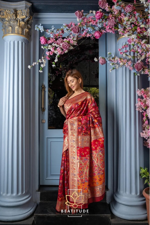 Six-Shade Kashmiri Weave Banarasi Soft Silk Saree with Large Floral Bunches and Rich Zari Pallu  in Surat