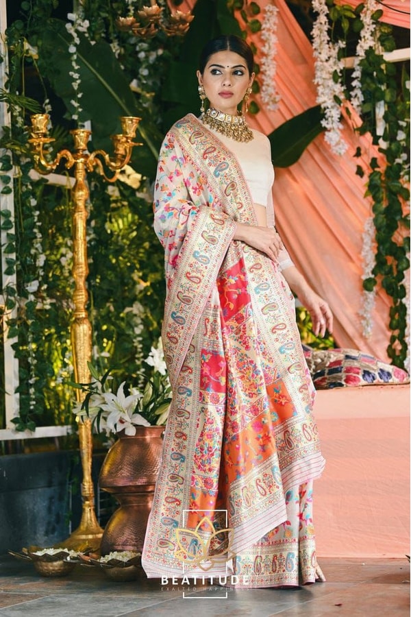Six-Shade Kashmiri Weave Banarasi Soft Silk Saree with Large Floral Bunches and Rich Zari Pallu  in Surat