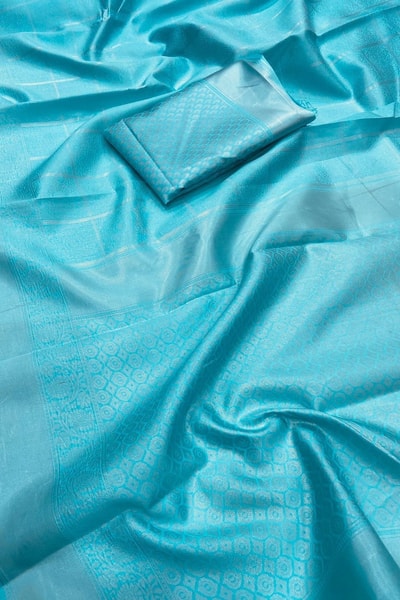 Sky Blue Soft Lichi Silk Saree with Tone-on-Tone Box Jacquard and Woven Border in Surat