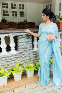 Sky Blue Soft Lichi Silk Saree with Tone-on-Tone Box Jacquard and Woven Border  in Surat