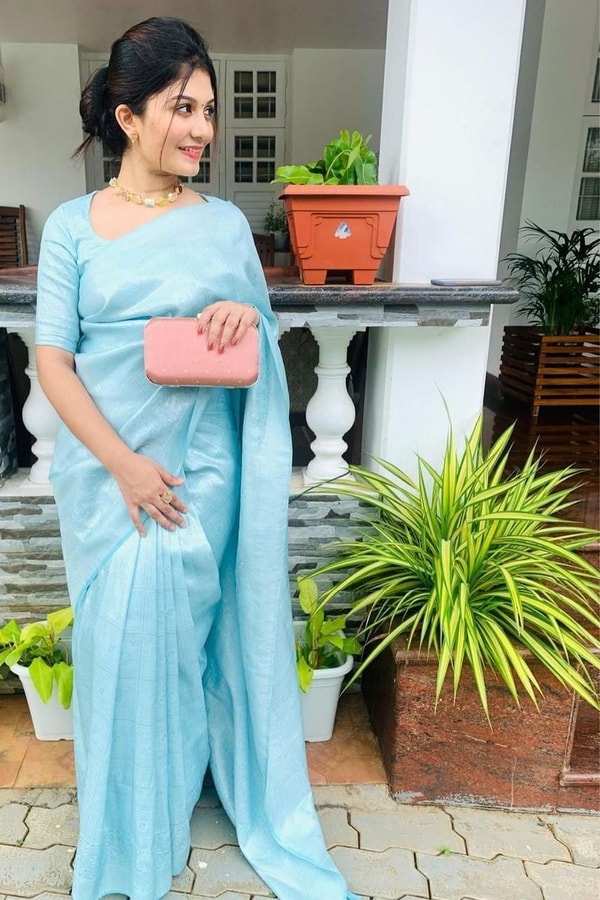Sky Blue Soft Lichi Silk Saree with Tone-on-Tone Box Jacquard and Woven Border  in Surat