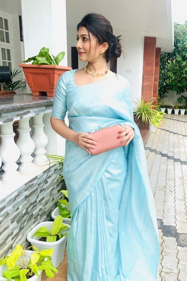 Sky Blue Soft Lichi Silk Saree with Tone-on-Tone Box Jacquard and Woven Border  in Surat