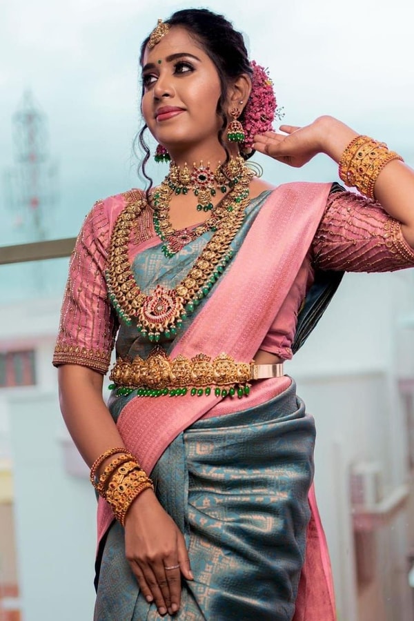Slate Teal Banarasi Soft Silk Saree with Contrast Rose Pink Pallu and Woven Border  in Surat