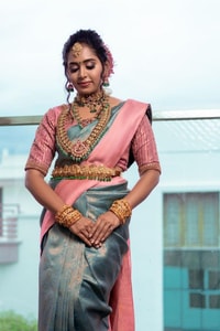 Slate Teal Banarasi Soft Silk Saree with Contrast Rose Pink Pallu and Woven Border  in Surat