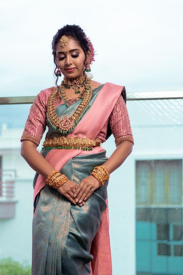 Slate Teal Banarasi Soft Silk Saree with Contrast Rose Pink Pallu and Woven Border  in Surat