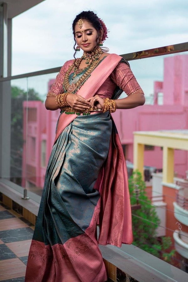 Slate Teal Banarasi Soft Silk Saree with Contrast Rose Pink Pallu and Woven Border  in Surat