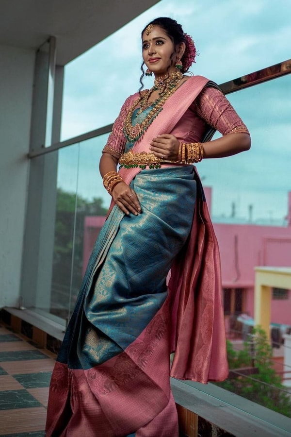 Slate Teal Banarasi Soft Silk Saree with Contrast Rose Pink Pallu and Woven Border  in Surat