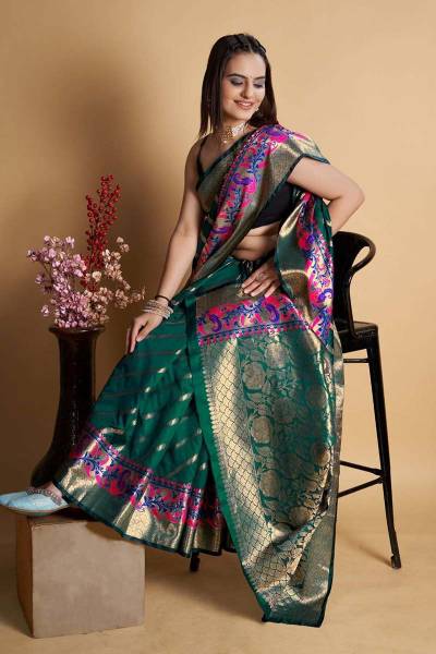 Soft Lichi Silk Saree with Beautiful Gold Zari Weaving Pallu Minakari Weaving Border in Surat