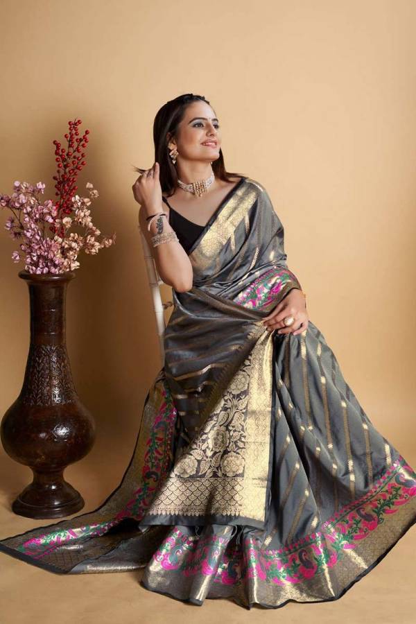 Soft Lichi Silk Saree with Beautiful Gold Zari Weaving Pallu Minakari Weaving Border  in Surat